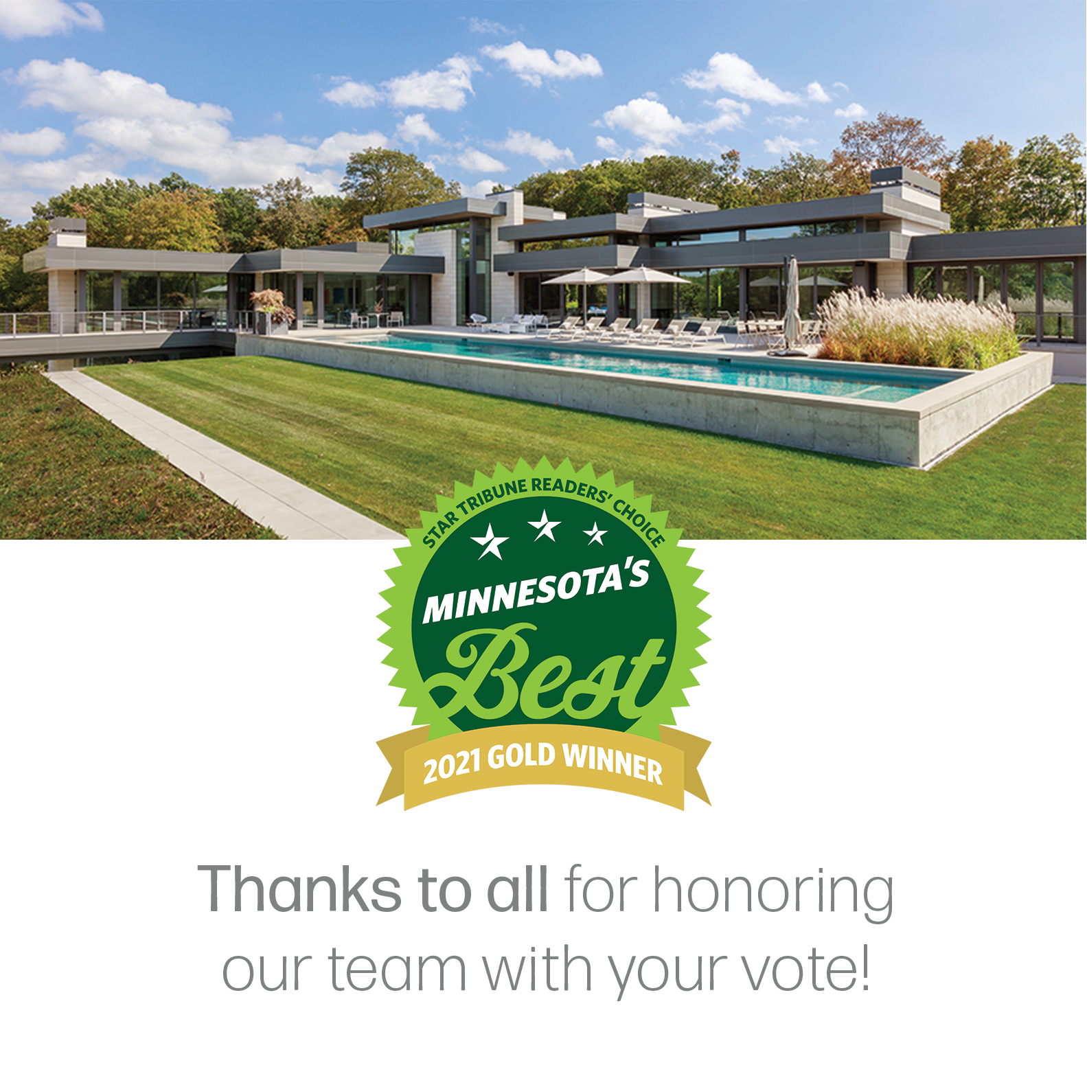 A graphic image of a Charles R. Stinson Home and a green and gold award emblem that says "Minnesota's Best 2021 Gold Winner" and text that says "Thanks to all for honoring our team with your vote!"
