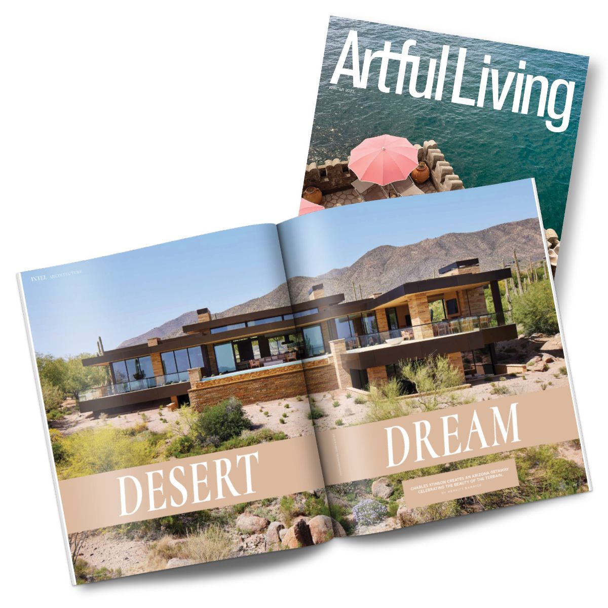 Image of an Artful Living magazine featuring a Charles Stinson warm modern desert home