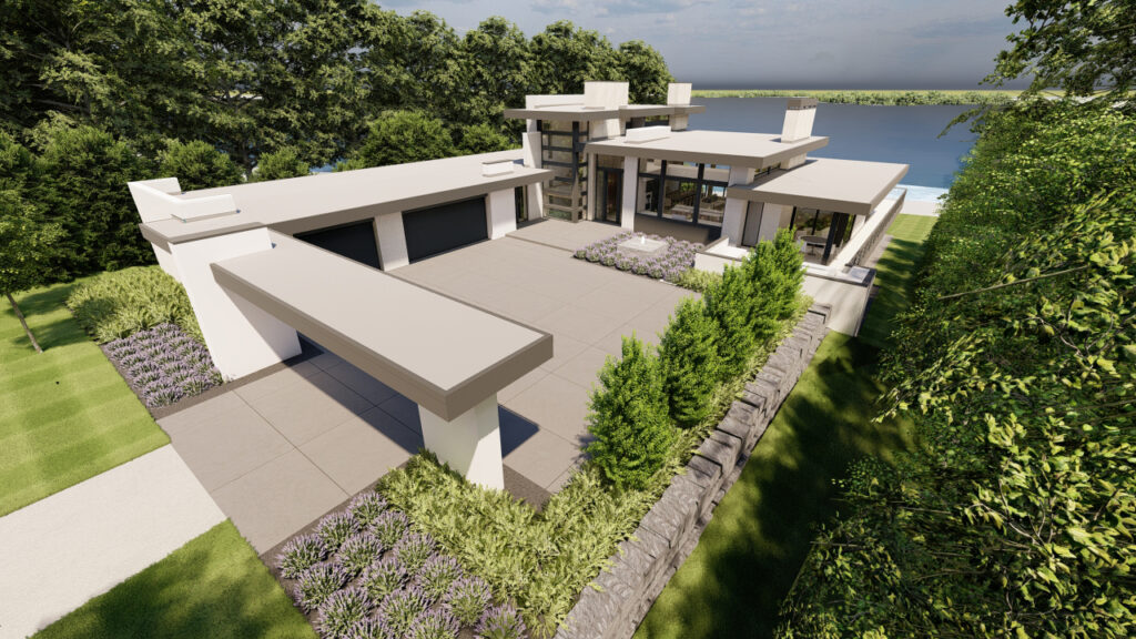 A rendering of a warm modern lake home designed by Charles R. Stinson Architecture + Design